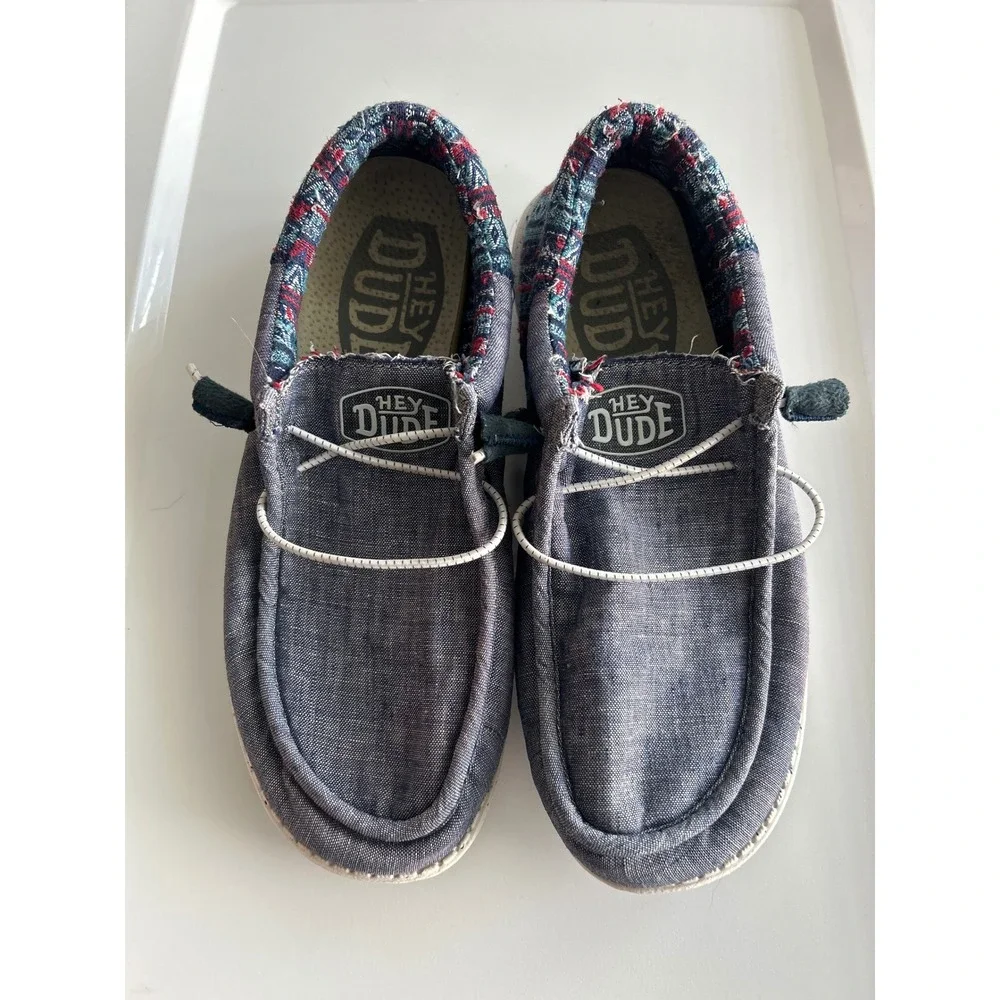 Hey Dude Wally Funk Jacquard Tribe Blue Canvas Slip On Loafers Mens 9 Womens 11